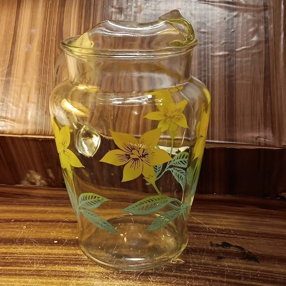 Vintage mcm farmhouse shabby chic glass tea pitcher yellow flowers